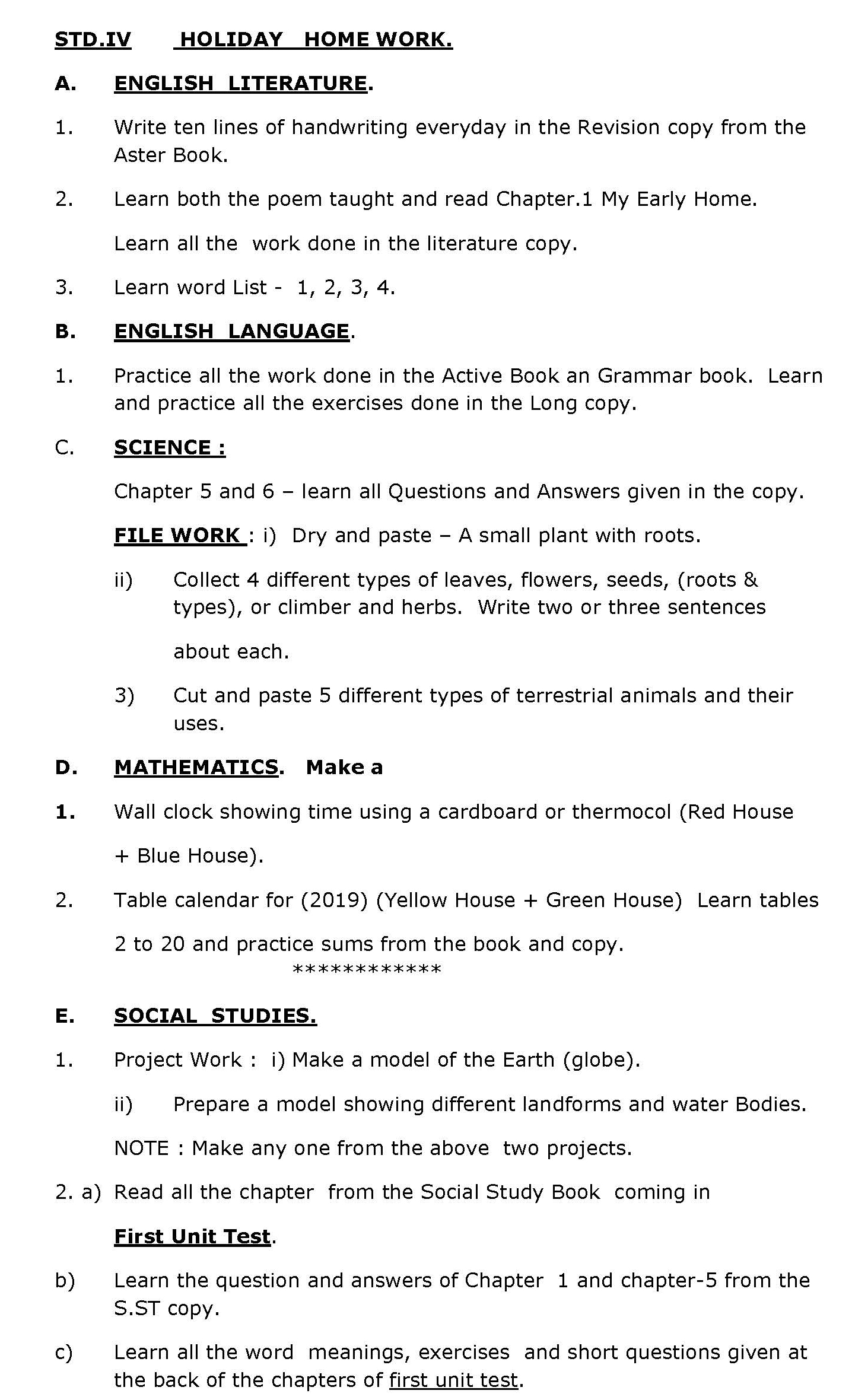 Summer Homework Chart